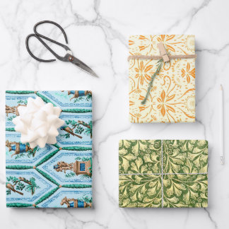 Feuille De Papier Cadeau Vintage Bleu Jaune et Vert vieux motifs modèles