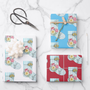 Feuille De Papier Cadeau Vintage bleu rayé avec roses et cloche