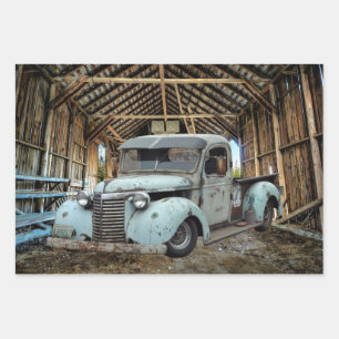 Feuille De Papier Cadeau Vintage Blue Truck Rustic Grange