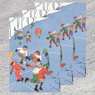 Feuille De Papier Cadeau Vintage Christmas, Enfants Patinage sur glace sur