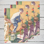 Feuille De Papier Cadeau Vintage Christmas Morning, Children with Presents<br><div class="desc">Vintage illustration Merry Christmas holiday image featuring happy siblings. The children are opening gifts under the tree on Christmas morning. The girl gets a doll and the boys get a bicycle and a train set. Season's Greetings!</div>