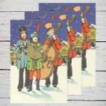 Feuille De Papier Cadeau Vintage Christmas, Musicians Caroling with Music<br><div class="desc">Vintage illustration Merry Christmas holiday design featuring a group of people playing instruments and singing Christmas carols at night. This group of musicians includes a man in a hat playing the musical cello and another playing a clarinet and the man in the middle holding a song book as the lead...</div>