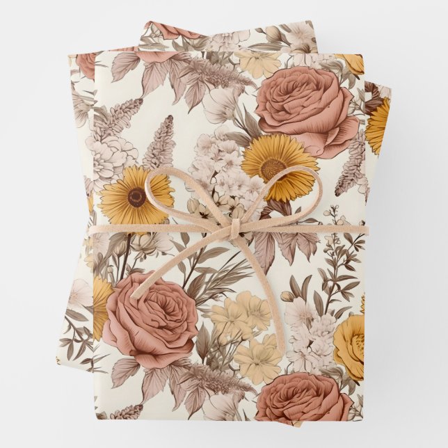 Feuille De Papier Cadeau Vintage Floral Antique Peach Pink Boho Fleur sauva (En situation)