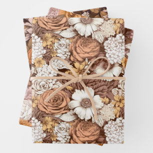 Feuille De Papier Cadeau Vintage Floral Brown Cuivre Boho Automne Fleur sau