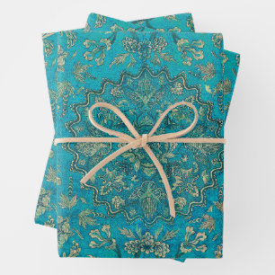 Feuille De Papier Cadeau Vintage Floral Faux Or & Bleu Ornement Turquoise