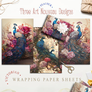 Feuille De Papier Cadeau Vintage Floral Peacock Victorien Art Nouveau