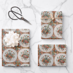 Feuille De Papier Cadeau Vintage Floral Terracotta Carreaux Motif