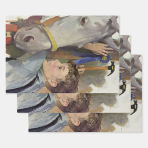 Feuille De Papier Cadeau Vintage Garçon avec son ruban bleu Cheval gagnant