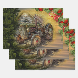 Feuille De Papier Cadeau Vintage Green Tractor Barre Noël