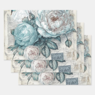 Feuille De Papier Cadeau Vintage Inspiré bleu floral Shabby Chic