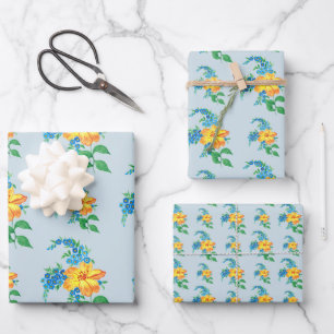 Feuille De Papier Cadeau Vintage Jaune Orange Fleur Floral Bébé Bleu plat