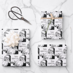 Feuille De Papier Cadeau Vintage Laughing Père Noël Noir et blanc Joyeux