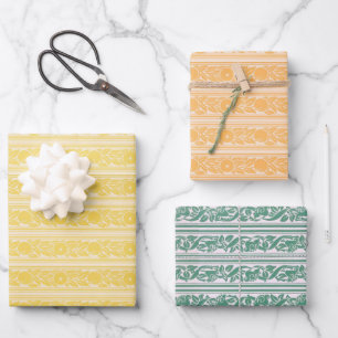Feuille De Papier Cadeau Vintage Morris Orange Jaune Motif en bande verte