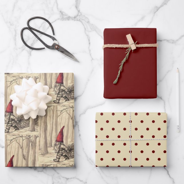 Feuille De Papier Cadeau Vintage Noël Gnome Holiday (Recto)