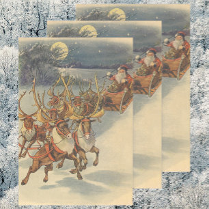 Feuille De Papier Cadeau Vintage Noël Père Noël Sleigh avec Reindeer