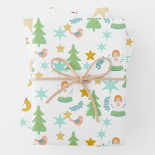Feuille De Papier Cadeau Vintage Noël Retro Super rose, bleu, vert