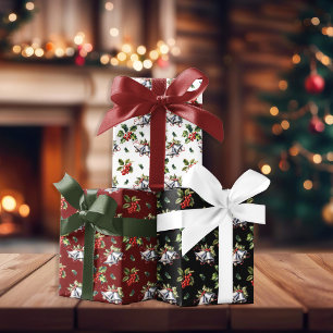 Feuille De Papier Cadeau Vintage Noël Vacances Cloches d'argent et Holly