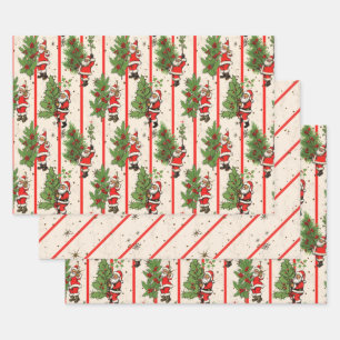 Feuille De Papier Cadeau Vintage Père Noël Holly et Stripes