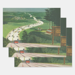Feuille De Papier Cadeau Vintage Pittoresque American Highways, Cars Road T