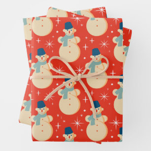 Feuille De Papier Cadeau Vintage Retro Noël Snowman Rouge