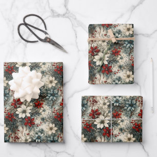 Feuille De Papier Cadeau Vintage rétro traditionnel poinsettia de Noël