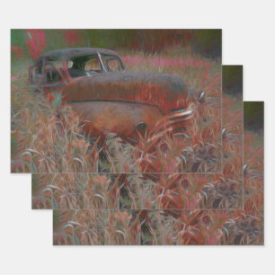 Feuille De Papier Cadeau Vintage Russe Brown Voiture rose Vieux Art antique