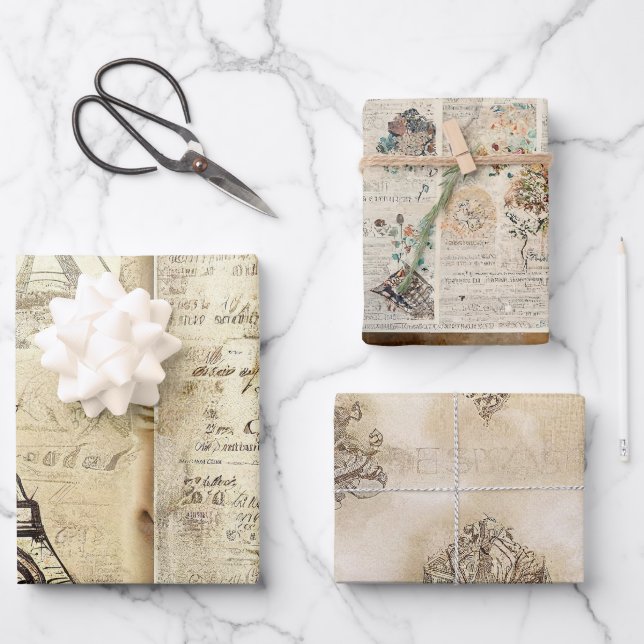 Feuille De Papier Cadeau Vintage Rustique Romantique Paris (Recto)