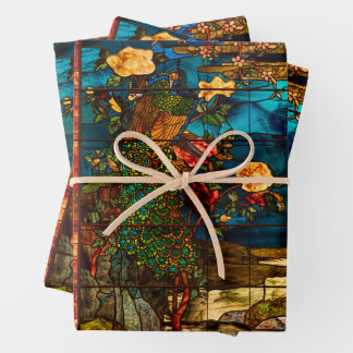 Feuille De Papier Cadeau Vintage Stained Glass with Peacocks and Flowers
