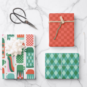 Feuille De Papier Cadeau Vintage Thermoses Noël Rouge, Vert et Blanc