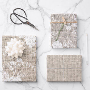 Feuille De Papier Cadeau Vintage traditionnel rustique burlap et dentelle