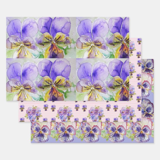 Feuille De Papier Cadeau Viola violet Pansies fleur Aquarelle Peinture (Lot)