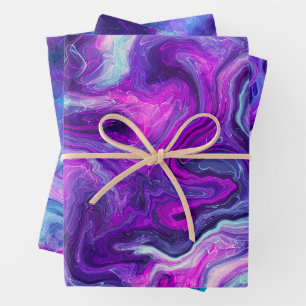 Feuille De Papier Cadeau Violet, Bleu, Marbre rose Fluide Art Anniversaire