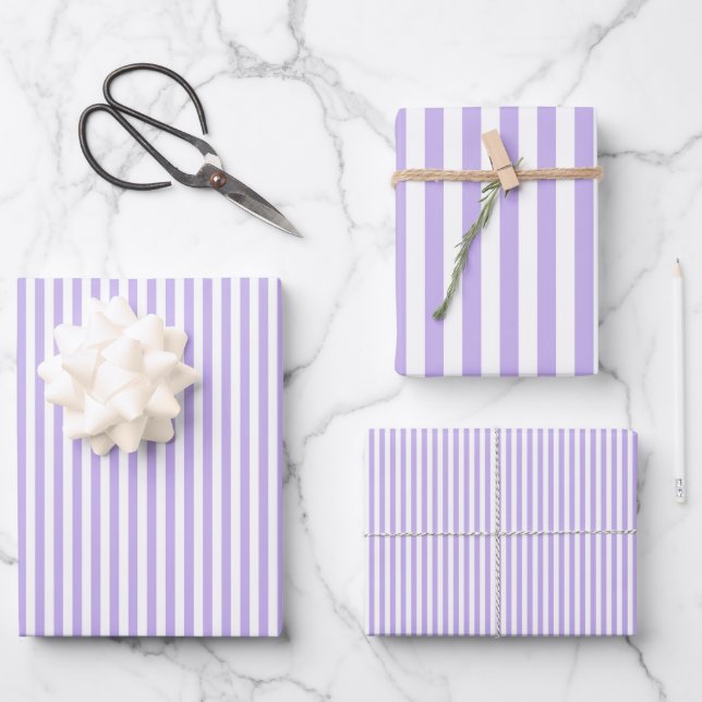 Feuille De Papier Cadeau Violet Clair & Rayures Blanches (Recto)