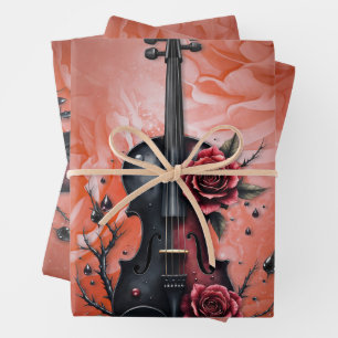 Feuille De Papier Cadeau Violon noir gothique aux roses rouges