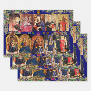 Feuille De Papier Cadeau VIRGIN, ENFANT ET ANGELS, Bleu or Fleur Noël