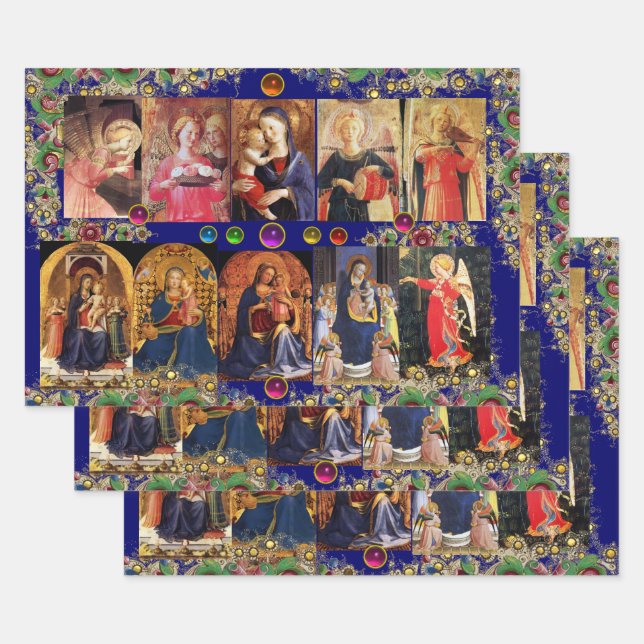 Feuille De Papier Cadeau VIRGIN, ENFANT ET ANGELS, Bleu or Fleur Noël (Lot)