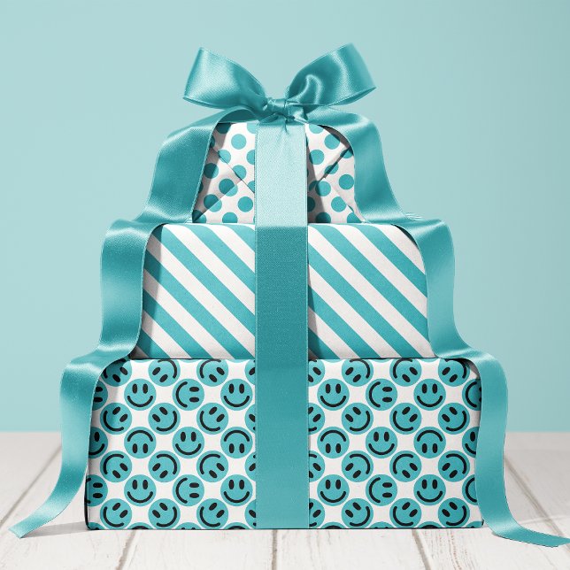 Feuille De Papier Cadeau Visage Heureux Bleu Rayures et Points (Créateur téléchargé)