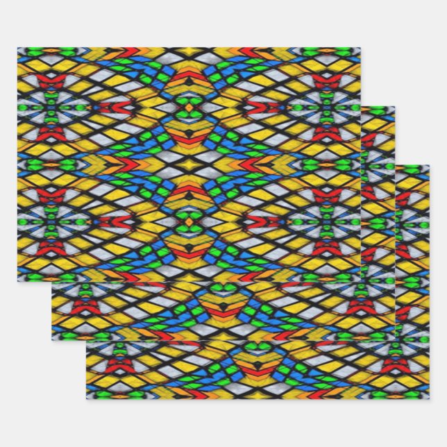 Feuille De Papier Cadeau Vitrail jaune, rouge et bleu (Lot)
