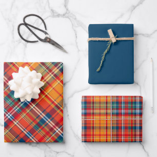 Feuille De Papier Cadeau Vivid orange, rouge et bleu plaid