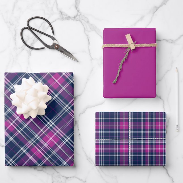 Feuille De Papier Cadeau Vivid violet, rose et bleu plaid (Recto)