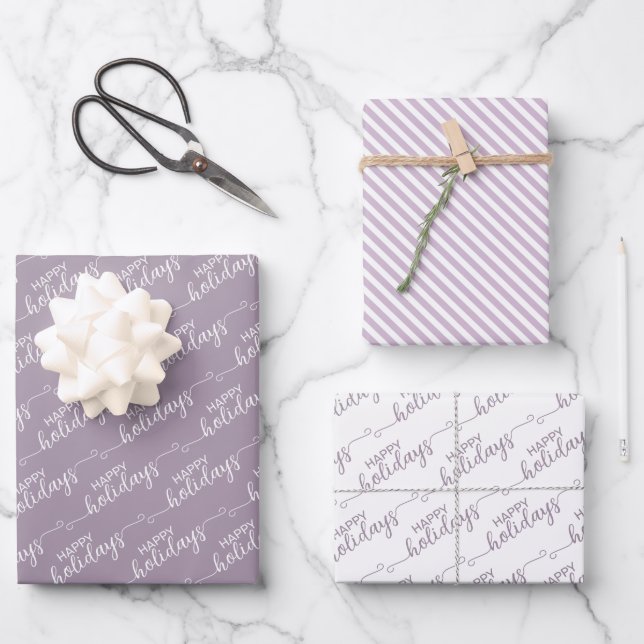 Feuille De Papier Cadeau Vœux de Joyeuses Fêtes sur Violet Rose Blanc (Recto)
