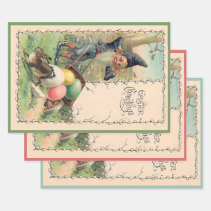 Feuille De Papier Cadeau Vœux de Pâques victoriens vintage avec Gnome
