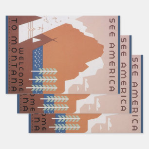 Feuille De Papier Cadeau Voir l'Amérique Bienvenue au Montana, Vintage voya