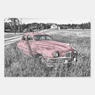Feuille De Papier Cadeau Voiture classique rose