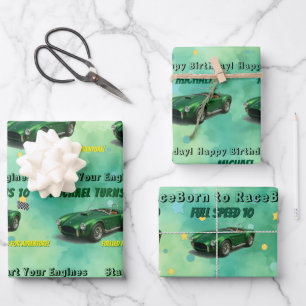 Feuille De Papier Cadeau Voiture de course verte de fête d'anniversaire 10 