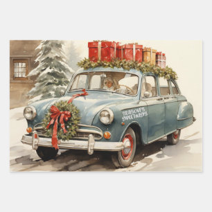 Feuille De Papier Cadeau Voiture de Noël Vintage avec présentants