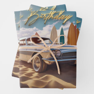 Feuille De Papier Cadeau Voiture de sport vintage plage tropicale Joyeux an