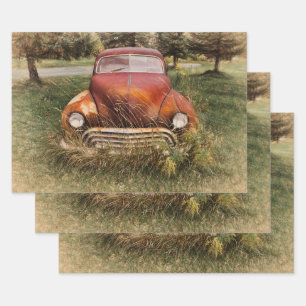 Feuille De Papier Cadeau Voiture Vintage Antique Rouge Vieux Découpage Rus