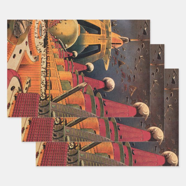 Feuille De Papier Cadeau Voiture volant vintage de science fiction futurist (Lot)