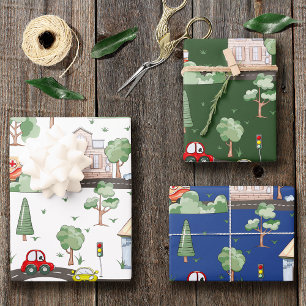 Feuille De Papier Cadeau Voitures mignonnes en Ville Motif pour petits garç